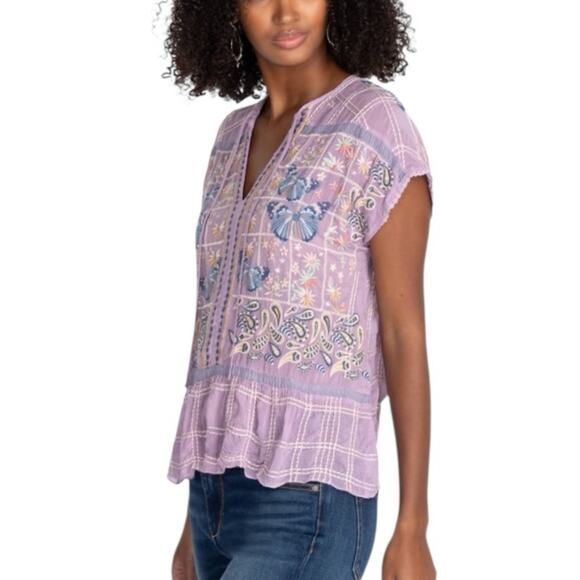 Johnny Was Top Tie Neck Butterly Floral Embroidered Purple Women’s Size Large - Picture 13 of 13